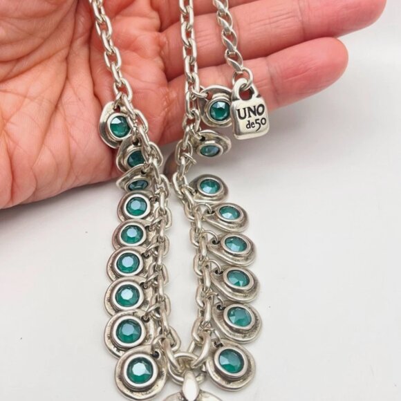 UNO de 50 Tizoc Necklace Multi Dangle Silver Choker Chain Blue Crystals Charms - Picture 14 of 15